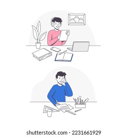 Smiling Schoolboy Doing Homework Sitting at Desk Studying with Notepad and Laptop Vector Set