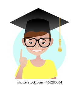 Smiling schoolboy with glasses and graduation cap. Vector illustration.
