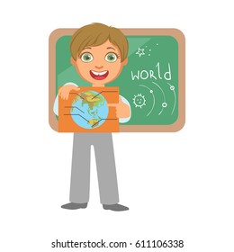 Smiling schoolboy with globe at the black chalkboard in classroom, a colorful character isolated on a white background
