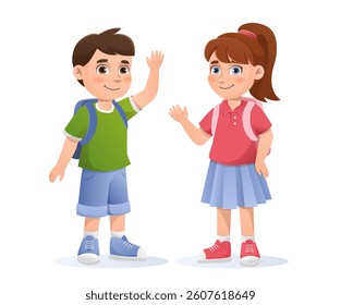 Smiling schoolboy and schoolgirl wearing backpacks and casual clothes, waving to each other, cartoon style on white background. Concept of friendship. Vector illustration