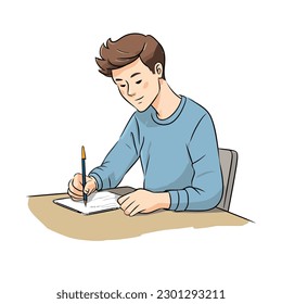 Smiling schoolboy studying at desk with pencil isolated