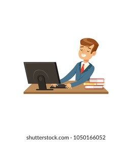 Smiling schoolboy using laptop computer vector Illustration on a white background