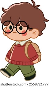 Smiling schoolboy walking with backpack in a kawaii cartoon style