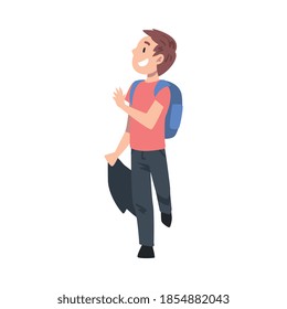Smiling Schoolboy Walking to School with Backpack, School Education Concept Cartoon Style Vector Illustration