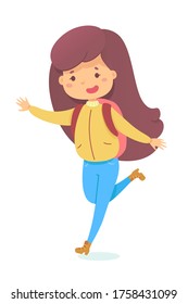 Smiling schoolgirl with backpack running to school. Pretty child moving ahead, jumping for joy, isolated on white background. Vector character illustrations of children emotions, school education