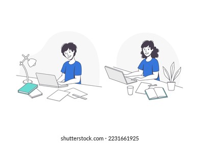 Smiling Schoolgirl Doing Homework Sitting at Desk Studying with Laptop Vector Set