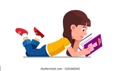 Smiling schoolgirl kid lying on floor & reading book. Girl kid cartoon character reading book about three pigs. Child literature education. Flat style vector illustration isolated on white background