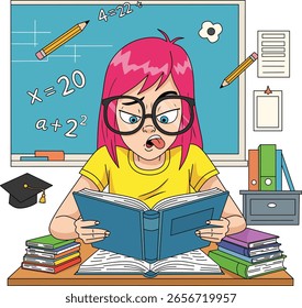 Smiling schoolgirl studying a stack of books in a classroom with other children