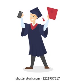 Smiling schoolkid in graduation uniform holding gadget in arms. Modern technology addiction concept. Teen boy with smartphone. Isolated vector illustration in cartoon style