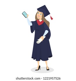 Smiling schoolkid in graduation uniform holding gadget in arms. Modern technology addiction concept. Teen girl with smartphone. Isolated vector illustration in cartoon style