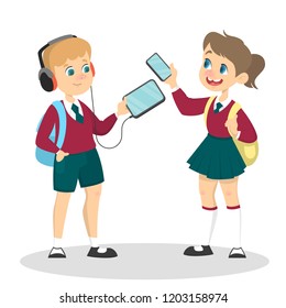 Smiling schoolkid holding gadget in arms. Modern technology addiction concept. Child playing on electronic device. Girl with smartphone. Isolated vector illustration in cartoon style