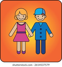 Smiling schoolkids holding hands – girl in pink dress, boy in blue uniform with cap. Friendly, flat vector illustration on orange background – ideal for education, childhood, or friendship themes.