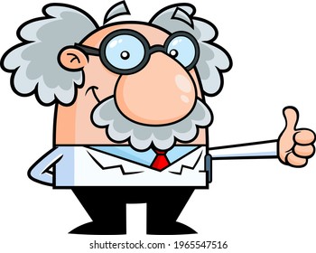Smiling Science Professor Cartoon Character Showing Thumbs Up. Vector Hand Drawn Illustration Isolated On Transparent Background