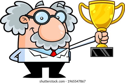 Smiling Science Professor Cartoon Character Holding A Big Golden Cup. Vector Hand Drawn Illustration Isolated On Transparent Background