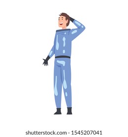 Smiling Scientist Character in Blue Protective Suit Working in Scientific Lab Vector Illustration