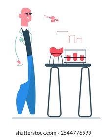 Cientista sorridente em jaleco operando nano-robô para análise de líquidos em tubos de ensaio, conduzindo experimentos inovadores em ambiente de laboratório moderno e de ponta