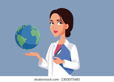 
Smiling Scientist Presenting Earth Saving Strategy Vector Cartoon Illustration. Researcher protecting the planet from climatic disaster 
