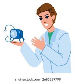 Cientista sorridente mostrando nanorobôs apresentando inovação em saúde, nanotecnologia e desenvolvimento de nanomedicina para entrega direcionada de medicamentos