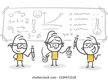 Smiling Scientists Stick Figures With Test Tubes Experimenting Vector