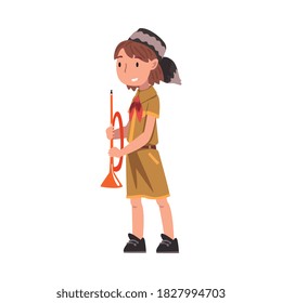 Smiling Scout Girl with Trumpet, Scouting Kid Character Wearing Uniform, Red Neckerchief and Coonskin Cap, Summer Camp Activities Vector Illustration