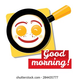 Smiling scrambled eggs with bacon in a pan for breakfast and good starting day. Vector illustration and design element. 