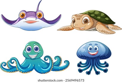 Smiling sea animals with vibrant colors and expressions