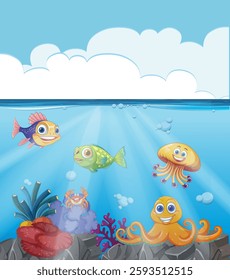 Smiling sea creatures in a vibrant ocean scene