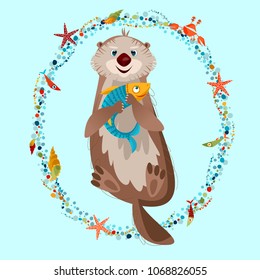 Smiling sea otter holding a fish in paws. Vector illustration