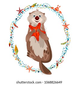 Smiling sea otter holding a starfish in paws. Vector illustration