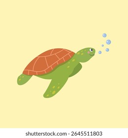 Smiling Sea Turtle on isolated background.Children's illustration.Underwater life.Vector illustration cartoon flat style