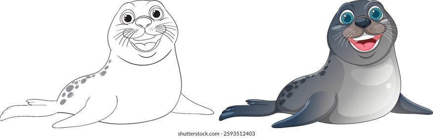Smiling seal in color and outline versions
