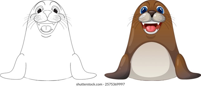 Smiling seal with vibrant colors and outline version