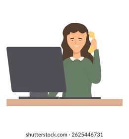 Smiling secretary answering phone call while working on computer at office desk