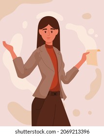 Smiling secretary concept. Young beautiful woman holds document and points to something with her hand. Female entrepreneur presents new idea or strategy. Cartoon modern flat vector illustration