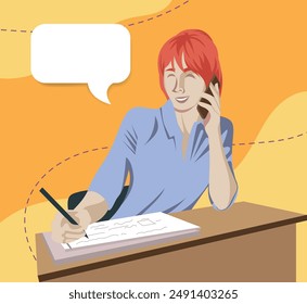 smiling secretary working in the office talking on the phone and taking notes