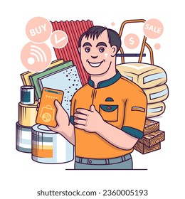 Smiling seller helping to order different paint. Online shopping concept. Time for shopping. Flat vector illustration in cartoon style in orange colors