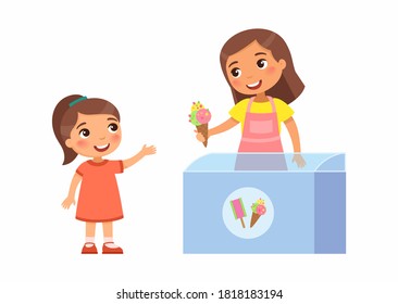 Smiling seller young woman gives little girl ice cream. Joyful child, summer vacation. Pocket money concept for kids. Cartoon characters. Flat vector illustration.
