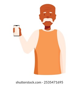 Hombre negro mayor sonriente que muestra el smartphone con la pantalla en blanco blanca, maqueta para la publicidad móvil de la aplicación o del Sitio web