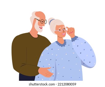 Smiling Senior couple of happy elderly retired man and woman hug each others.Happy relationships.Old Senior spouse wearing fashion stylish clothes.Flat vector illustration isolated on white background