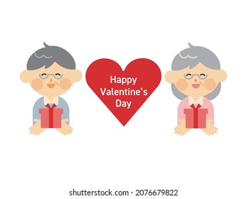 A smiling senior couple with a present Valentine's day illustration