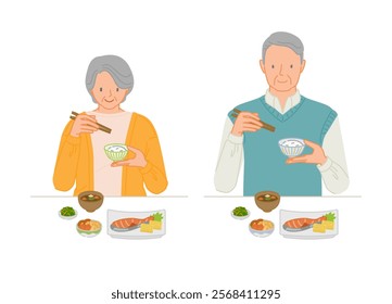 Smiling senior couple set having a meal