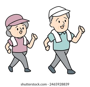 Smiling senior couple walking for health.