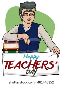 Smiling senior educator celebrating Teachers' Day holding a greeting banner and gifted books.