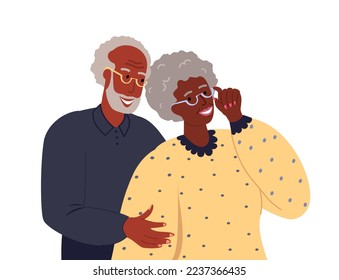 Smiling Senior frican couple of happy elderly retired man ,woman hug and flirting.Happy relationships.Old Senior Black Skin Afro American spouses.Flat vector illustration isolated on white background