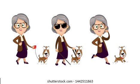 Smiling senior lady going with pet on leash. Blind elderly woman walking with guide dog. Grandmother spending time, running with pet. Vector cartoon set isolated on white background.