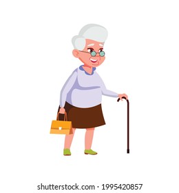 smiling senior lady walking on street with stick and bag cartoon vector. smiling senior lady walking on street with stick and bag character. isolated flat cartoon illustration