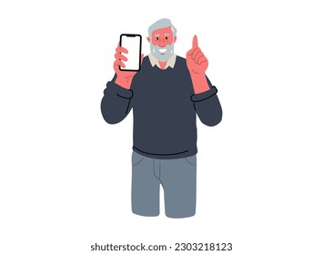  Smiling senior man is holding mobile phone and raising his finger.Call for attention,hint.Old people and modern technology.Vector illustration in flat style on white background