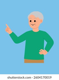 smiling  senior man pointing finger to presenting illustration
