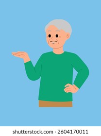 smiling  senior man pointing hand to presenting illustration