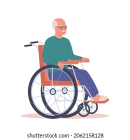 Smiling senior man sitting in him Wheelchair. Old Disabled Pensioner Grandfather man isolated. Flat vector illustration